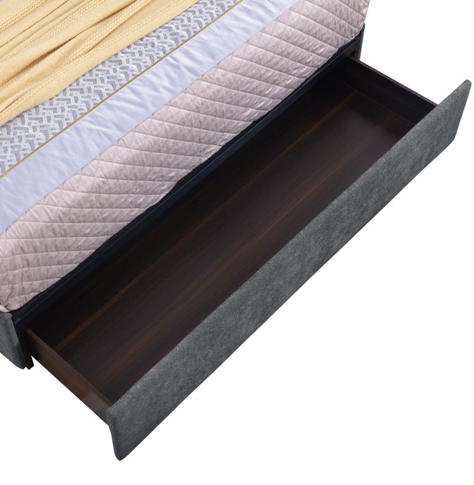 Lit de rangement Amos rembourré en tissu anthracite avec tête de lit à canaux et 3 tiroirs intégrés - format grand lit