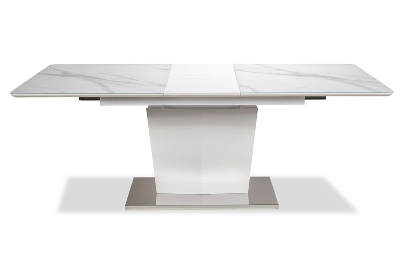 Table de salle à manger Naya de 63 po à 78,75 po (L) avec papillon se rangeant sous la table, en métal, en verre en imitation de marbre - blanche