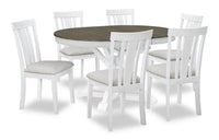 Ensemble de salle à manger Brook 7 pièces avec table ronde, rallonge de 42 po à 54 po (L) et 6 chaises - blanc et brun