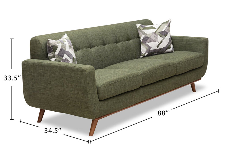 Sofa Freeman Kort & Co. de 88 po en tissu d’apparence lin avec pattes en bois et coussins de dossier capitonnés - vert avocat