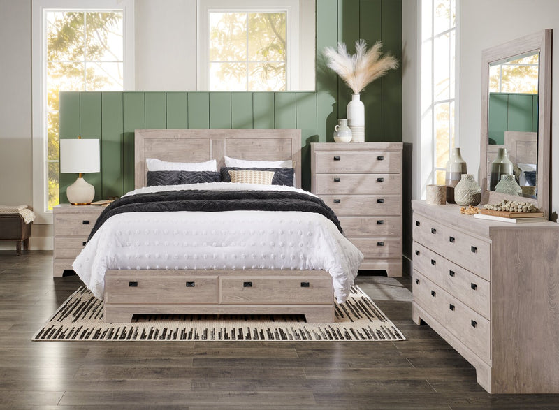 Ensemble de chambre à coucher Yorkdale 6 pièces avec lit de rangement à 6 tiroirs, commode, miroir et table de nuit, blanc - format grand lit