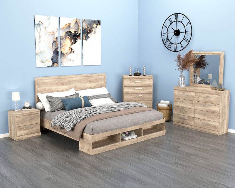 Lit plateforme Oakley fabriqué au Canada avec tête de lit et cadre de rangement, naturel - format très grand lit