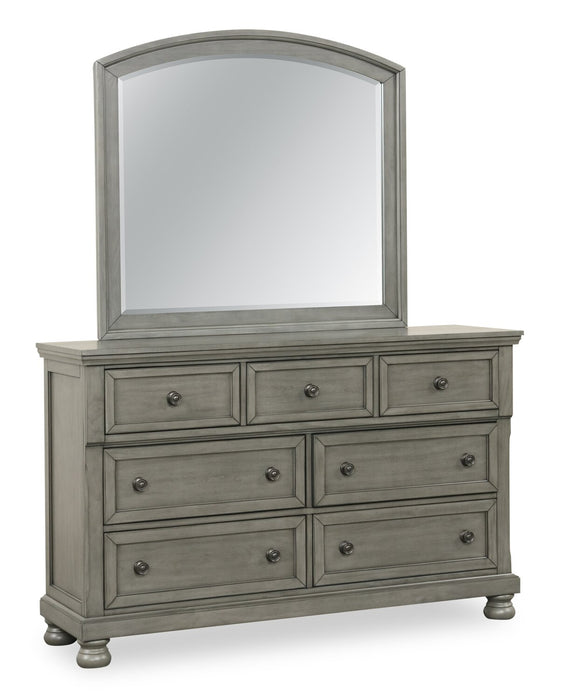 Ensemble de chambre à coucher Chelsea 5 pièces gris avec lit de rangement, commode et miroir - format grand lit