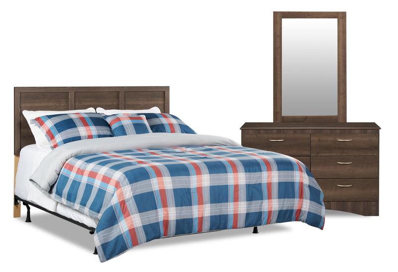 Ensemble de chambre à coucher Aida 3 pièces fabriqué au Canada avec tête de lit, commode et miroir, brun - format grand lit