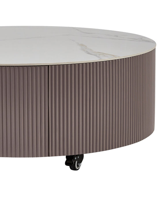 Table à café ronde moderne Circa de 31,5 po avec dessus en pierre frittée blanche, rangement et roulettes - taupe-gris