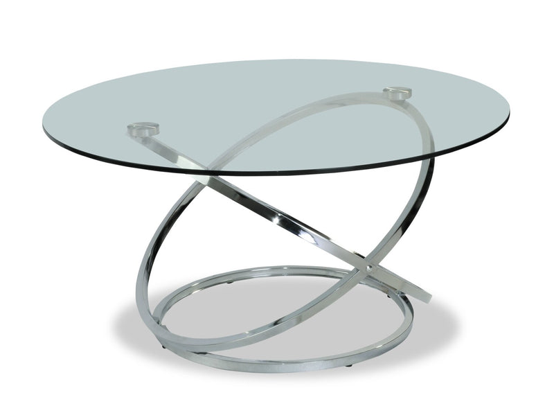 2 tables modernes Hendrix de 36 po (table à café et table de bout) avec dessus en verre - chromées avec base en métal