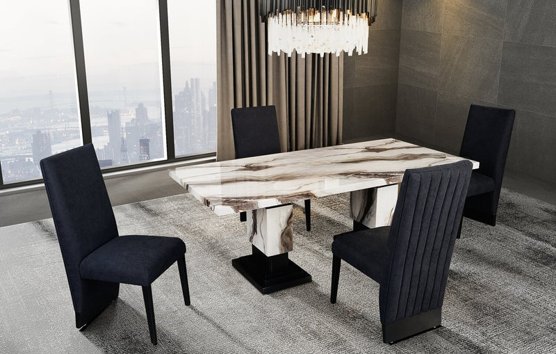 Table de salle à manger Vega de 82 po (L) avec imitation de marbre et base piédestal - noire et blanche