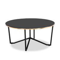 Table à café ronde moderne Xander de 36 po avec dessus en verre - noire et dorée avec pattes en métal