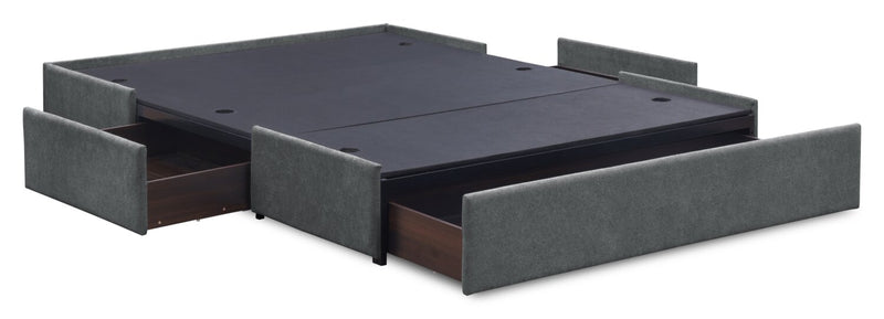 Lit de rangement Amos rembourré en tissu anthracite avec tête de lit capitonnée et 3 tiroirs intégrés - format très grand lit