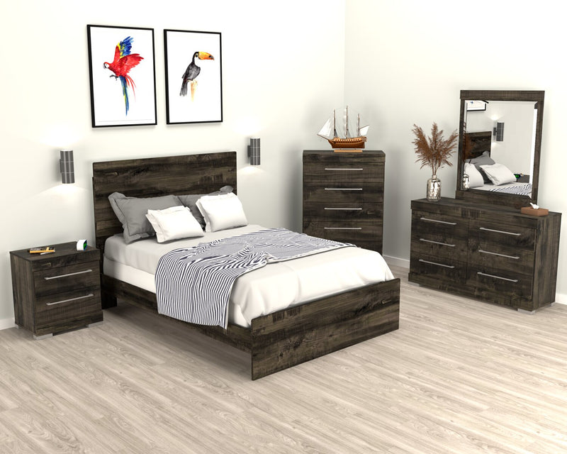 Ensemble de chambre à coucher Riley 5 pièces avec lit à panneaux, commode et miroir, fabriqué au Canada, gris - format lit double