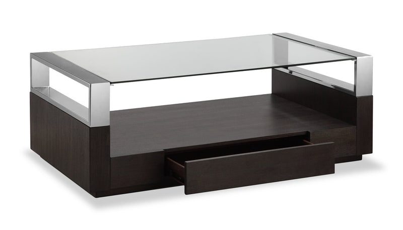 Table à café moderne Perrin de 50 po avec dessus de table en verre, rangement et tablette - graphite