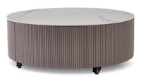 Table à café ronde moderne Circa de 31,5 po avec dessus en pierre frittée blanche, rangement et roulettes - taupe-gris