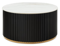 Table à café ronde moderne Capri de Kort & Co. de 32 po avec dessus en pierre frittée blanche et roulettes - noire et dorée