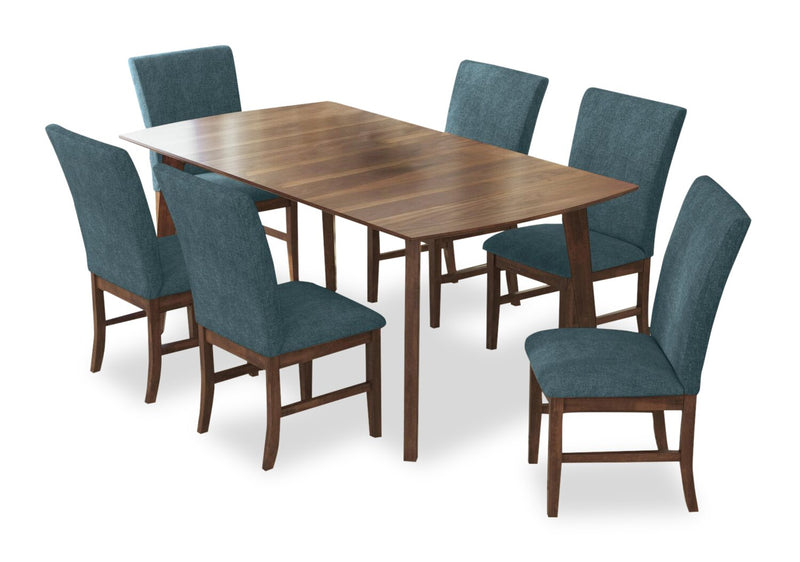 Ensemble de salle à manger Rain 7 pièces avec table de 72 po (L) et 6 chaises bleues - bleu et brun
