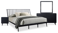 Ensemble de chambre à coucher Milan 6 pièces de style moderne du milieu du 20e siècle avec lit, commode, miroir et table de nuit, noir - très grand lit