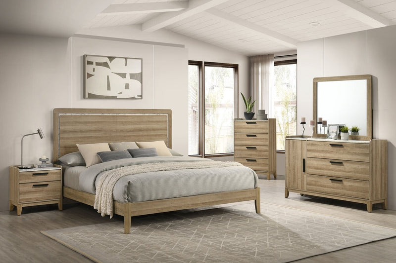 Ensemble de chambre à coucher Sable brun clair 5 pièces avec lit, commode et miroir - format très grand lit