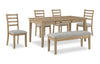 Ensemble de salle à manger Cove 6 pièces en mélamine avec table de 66 po (L), tiroirs de rangement, banc et 4 chaises - naturel et gris