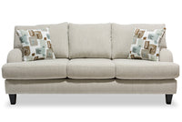 Sofa Nofia de 80 po fabriqué au Canada en tissu de chenille avec 2 coussins décoratifs et pattes en bois - beige lin