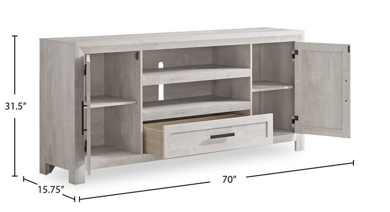 Meuble pour téléviseur moderne Scott Living Hayward de 70 po avec rangement et système de gestion des câbles pour téléviseurs jusqu’à 75 po - blanc