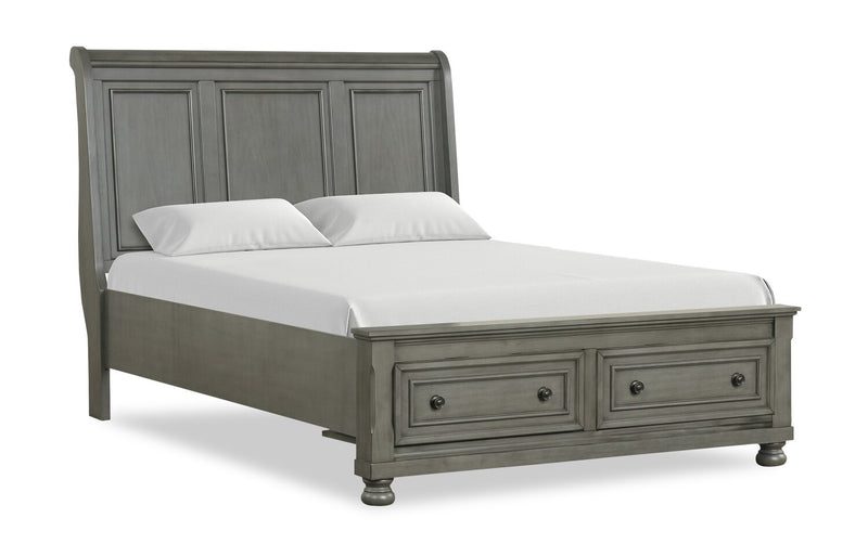 Ensemble de chambre à coucher Chelsea 6 pièces gris avec lit de rangement, commode et miroir - format grand lit