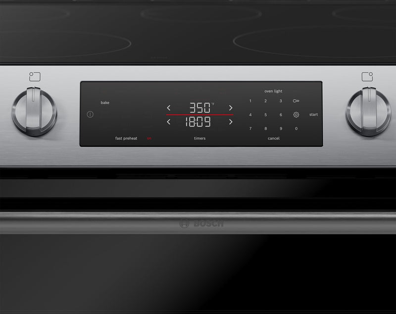 Cuisinière électrique Bosch série 100 de 5,8 pi3 et de 30 po avec préchauffage rapide et friture à air - acier inoxydable - HEF1050MC