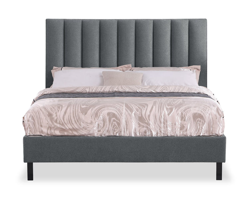 Lit plateforme Amos rembourré en tissu anthracite avec tête de lit à canaux - format grand lit