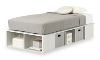 Lit plateforme Everley avec rangement et paniers intégrés, blanc - format lit simple