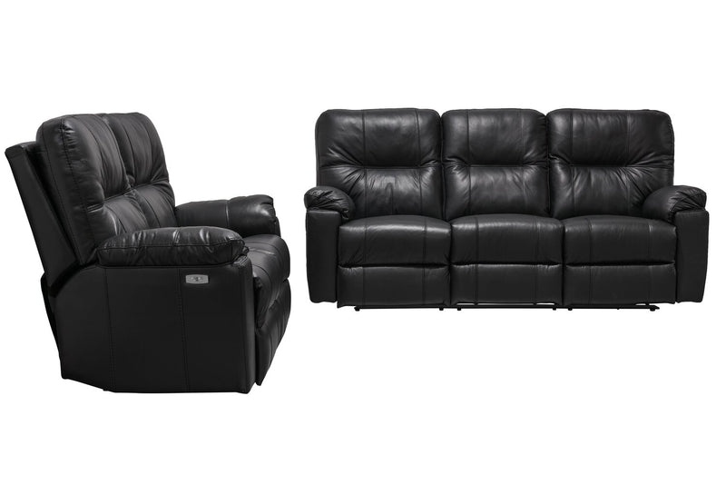 Causeuse à inclinaison électrique Dawson de 64 po fabriquée au Canada en cuir véritable avec port USB et coussins décoratifs - noir