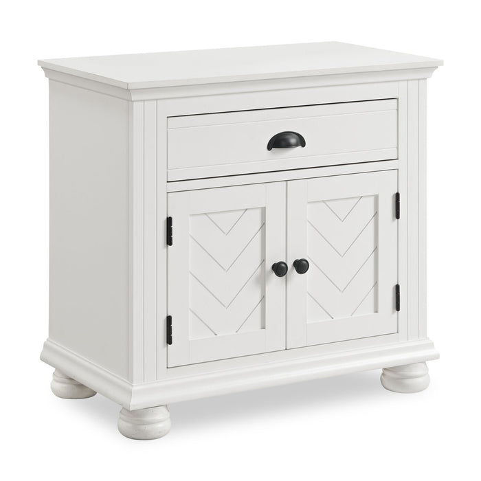 Ensemble de chambre à coucher Ella 6 pièces blanc avec lit à panneaux, commode, miroir et table de nuit - format lit double
