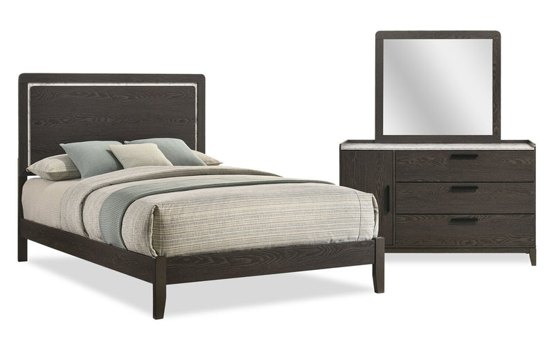 Ensemble de chambre à coucher Sable gris foncé 5 pièces avec lit, commode et miroir - format lit double