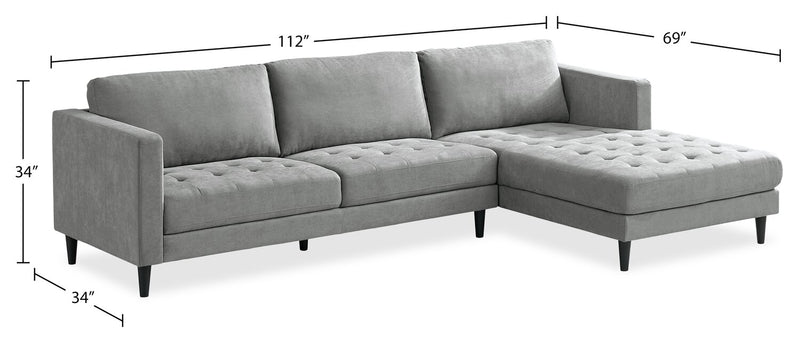Sofa sectionnel de droite Metro 2 pièces en tissu avec fauteuil long et coussins de siège capitonnés - gris
