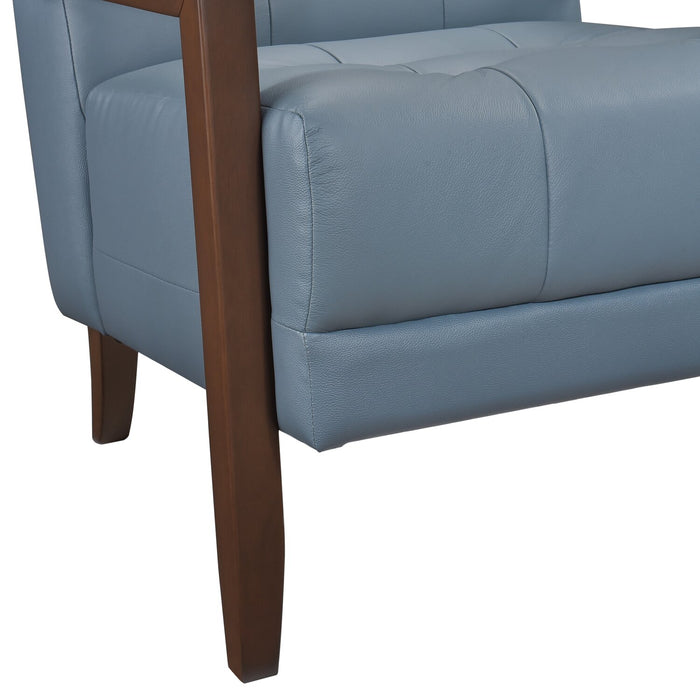Fauteuil d’appoint Enzo de 26 po en cuir véritable avec capitonnage en biscuit, accoudoirs rectilignes et pattes en bois - bleu