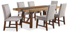 Boden 7pc Dining Set with Table & 6 Nailhead Trim Chairs, Trestle Base, 78"W - Brown & Beige | Ensemble de salle à manger Boden 7 pièces avec table de 78 po (L), base à tréteaux et 6 chaises à bordure de clous décoratifs - brun et beige