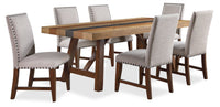 Ensemble de salle à manger Boden 7 pièces avec table de 78 po (L), base à tréteaux et 6 chaises à bordure de clous décoratifs - brun et beige