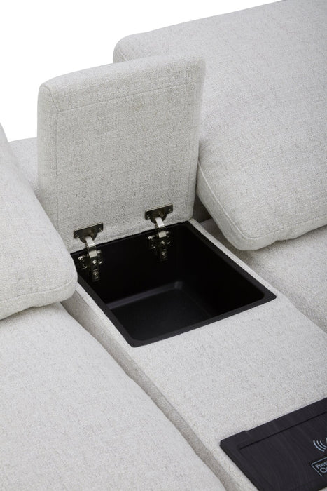 Sofa sectionnel à inclinaison électrique modulaire Sky 6 pièces en tissu avec console et coussins en duvet et plumes - blé Nathan