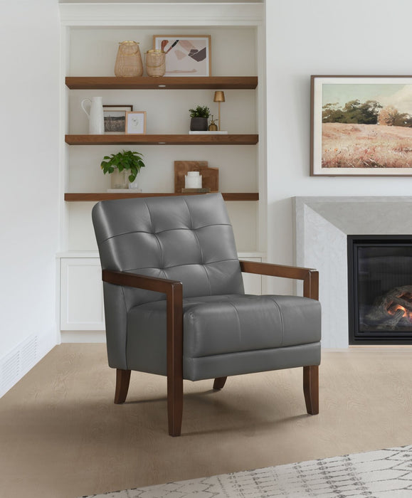 Fauteuil d’appoint Enzo de 26 po en cuir véritable avec capitonnage en biscuit, accoudoirs rectilignes et pattes en bois - gris foncé