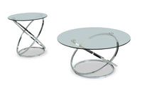  2 tables modernes Hendrix de 36 po (table à café et table de bout) avec dessus en verre - chromées avec base en métal