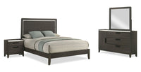 Ensemble de chambre à coucher Sable gris foncé 6 pièces avec lit, commode, miroir et table de nuit - format lit double