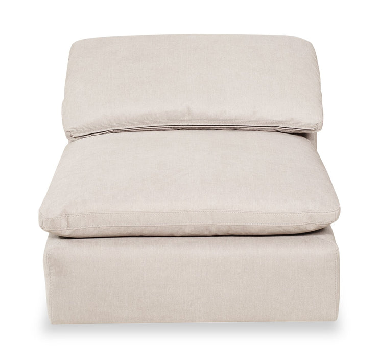 Sofa sectionnel modulaire Eclipse 4 pièces en tissu d’apparence lin avec pouf et coussins réversibles en duvet et plumes - blanc lin