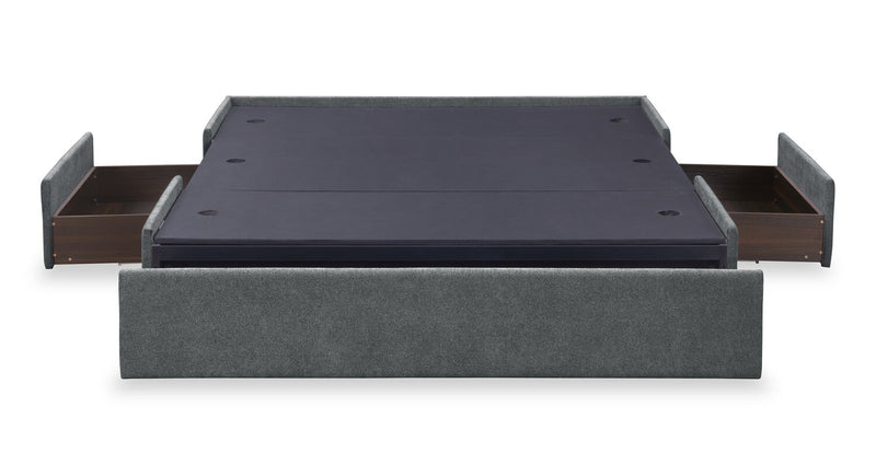 Lit de rangement Amos rembourré en tissu anthracite avec tête de lit à canaux et 3 tiroirs intégrés - format très grand lit