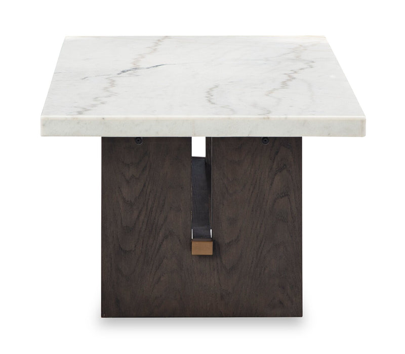 Table à café Warwick de 52 po en bois massif et en marbre - blanche et chêne brun