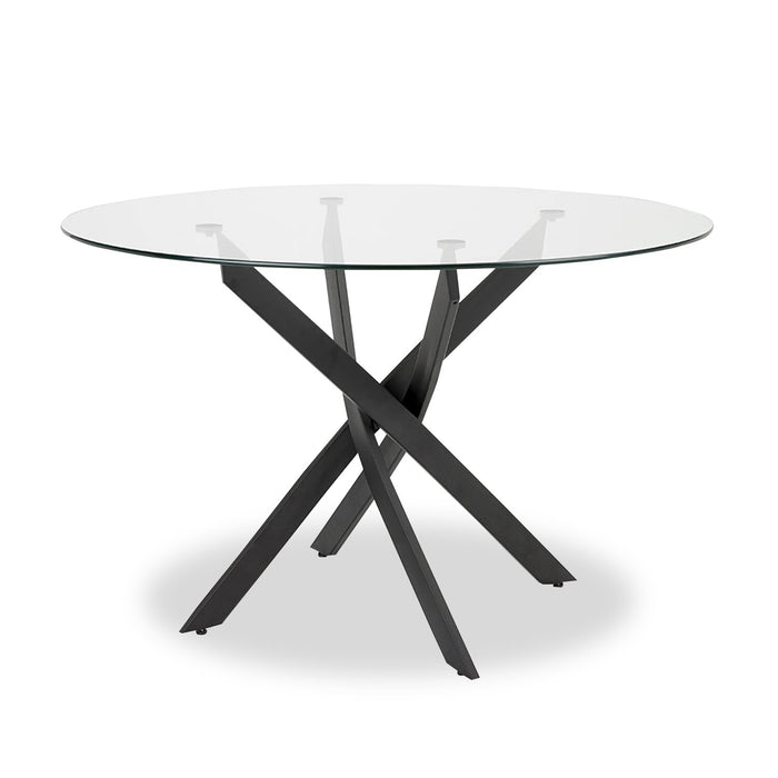 Ensemble de salle à manger Zoe 5 pièces avec table ronde de 47 po (L), dessus en verre, base géométrique en métal et 4 chaises - noir et ivoire