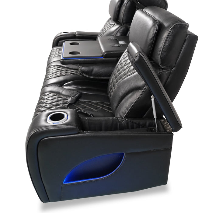 Sofa de massage à inclinaison électrique Elite de 86 po en cuir véritable avec appuie-têtes électriques et accoudoirs de rangement - noir