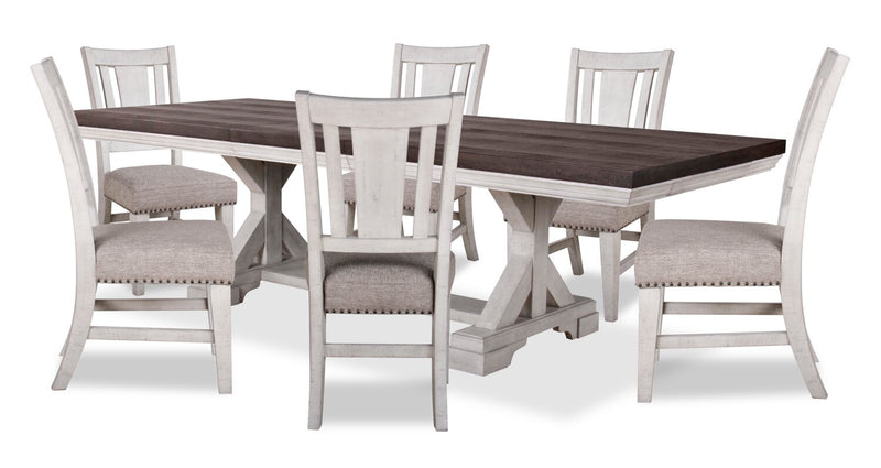 Ensemble de salle à manger Willow 7 pièces avec table, rallonge de 84 po à 106 po (L) et 6 chaises - blanc rustique et brun