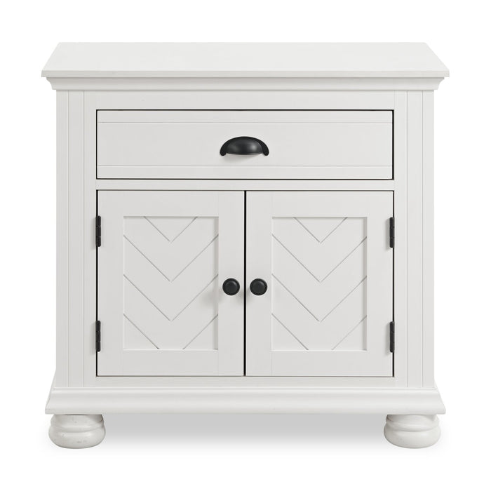 Ensemble de chambre à coucher Ella 6 pièces blanc avec lit à panneaux, commode, miroir et table de nuit - format lit double