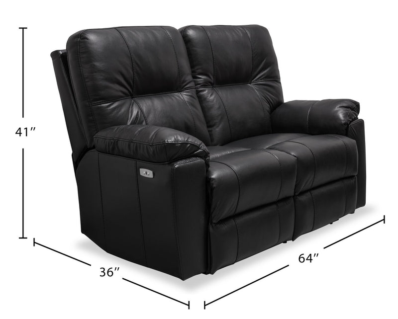 Causeuse à inclinaison électrique Dawson de 64 po fabriquée au Canada en cuir véritable avec port USB et coussins décoratifs - noir