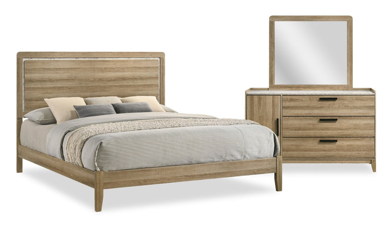 Ensemble de chambre à coucher Sable brun clair 5 pièces avec lit, commode et miroir - format très grand lit