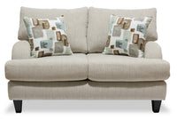 Causeuse Nofia de 58 po fabriquée au Canada en tissu de chenille avec 2 coussins décoratifs et pattes en bois - beige lin