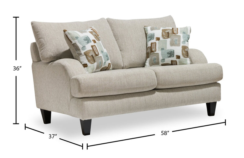 Causeuse Nofia de 58 po fabriquée au Canada en tissu de chenille avec 2 coussins décoratifs et pattes en bois - beige lin