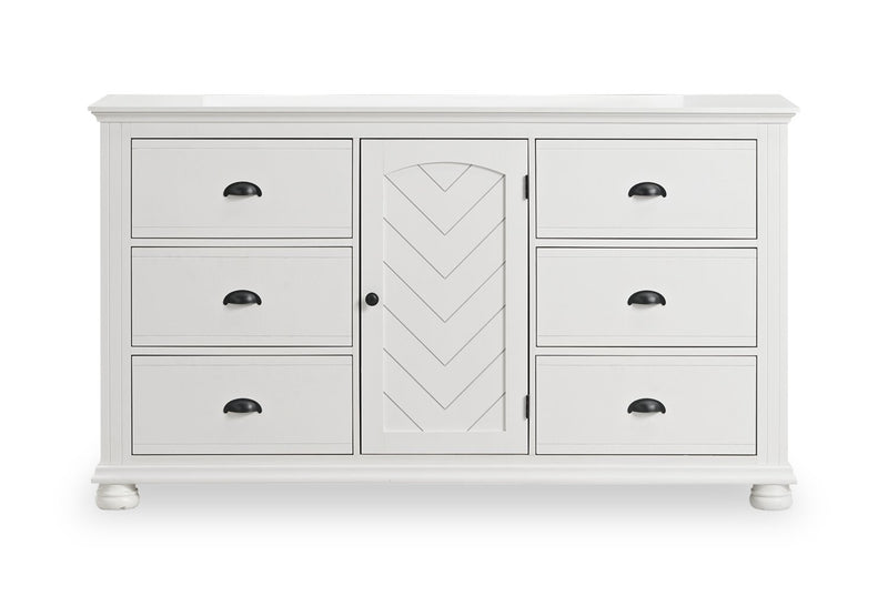 Ensemble de chambre à coucher Ella 5 pièces blanc avec lit à panneaux, commode et miroir - format lit simple